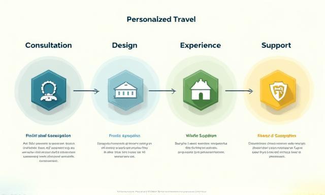 Infographic showing personalized travel process: Consultation, Design, Experience, Support