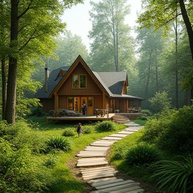 Eco-friendly lodge in forest, guests exploring nature