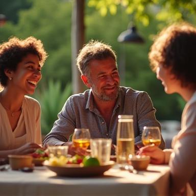 Traveler sharing meal with locals abroad