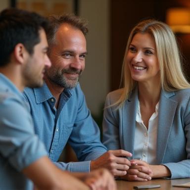 Travel advisor consulting with couple in cozy office