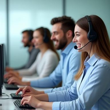 Customer support team at desk with headsets
