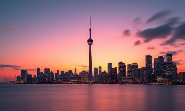 Toronto skyline at sunset with CN Tower