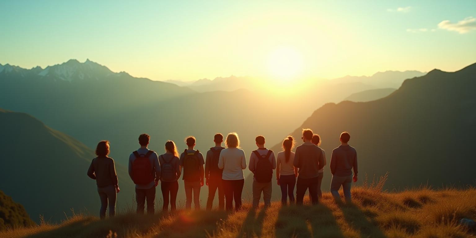 Diverse group enjoying panoramic mountain view with sunburst