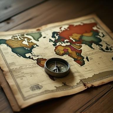 Map and compass on wooden table