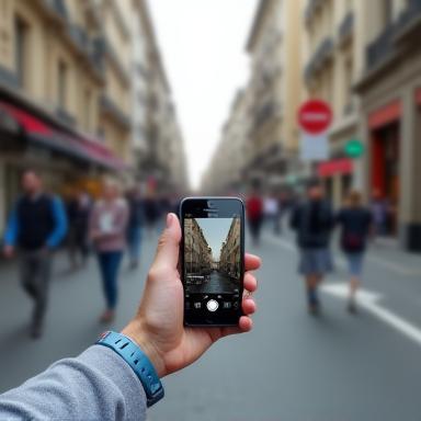 Traveler reviewing attraction via smartphone in city