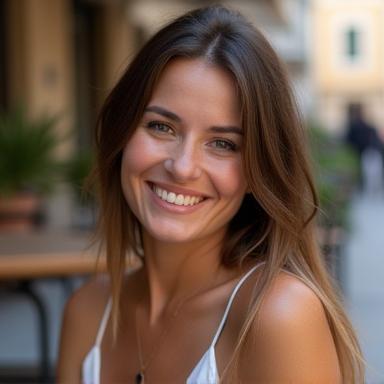 Elena smiling outdoors in a European café