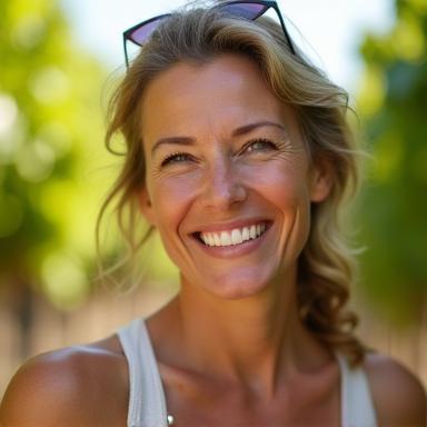 Happy client Marianne smiling on a vineyard tour