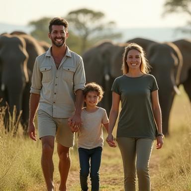 Family with elephants in background, smiling guide